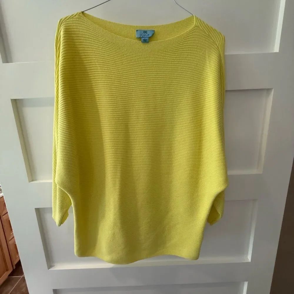 New CeCe Bright Yellow Ribbed Knit Sweater Dolman Sleeves Boat Neck Boho